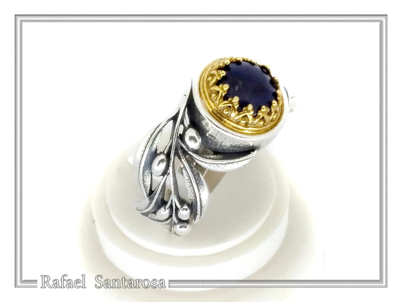 Natural Lapis or Pearl Floral Olive Branch Ring: Oxidized Sterling Silver Gold Filled Filigree — Rings from Rafael Santarosa Fine Jewelry