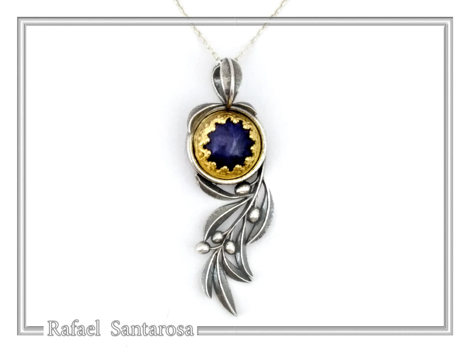 Natural Lapis Olive Leaf Pendant Floral Necklace: Oxidized Sterling Silver 18K Gold Filled Bezel — Necklaces from Rafael Santarosa Fine Jewelry