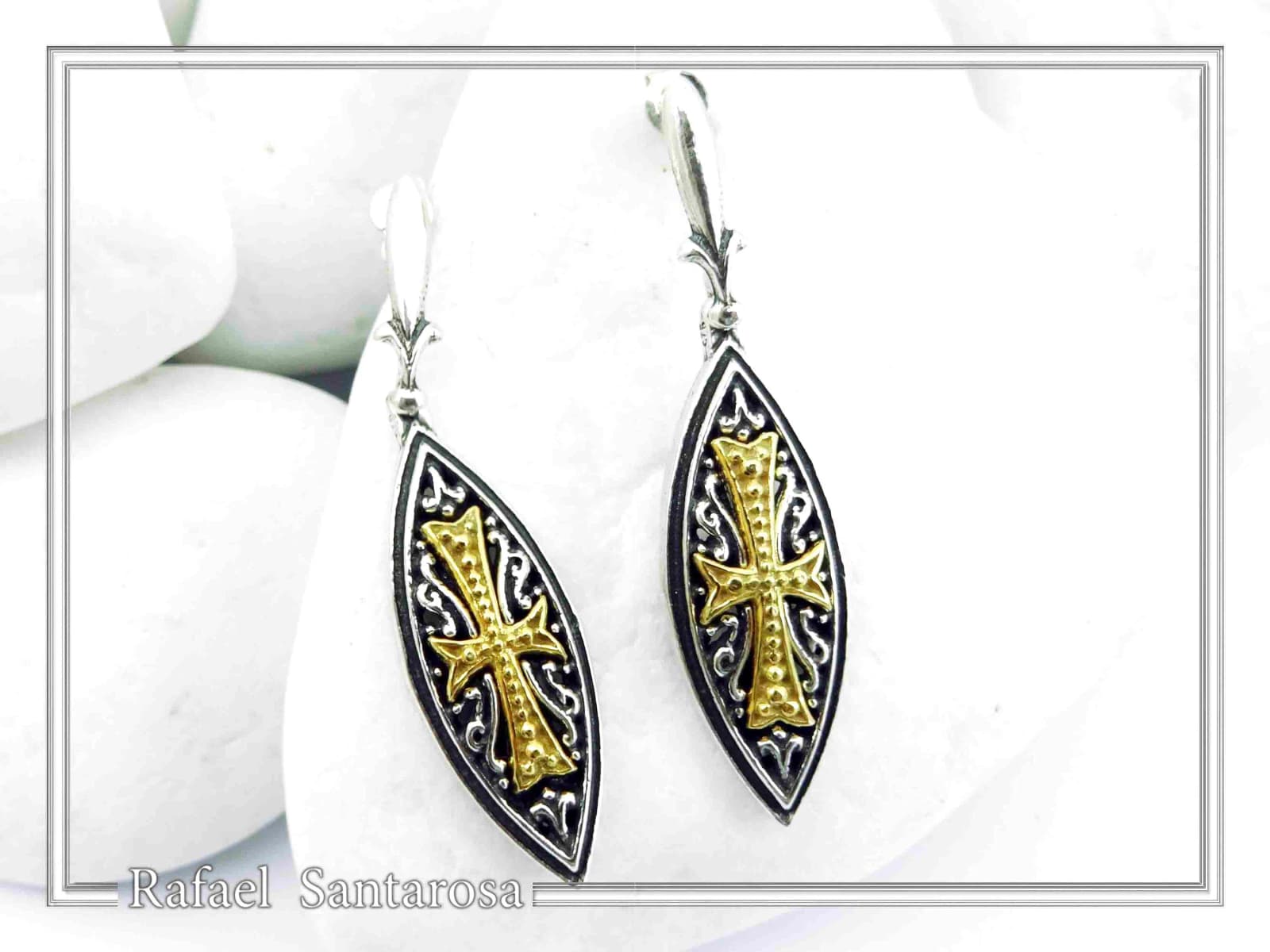 Maltese Cross Drop Earrings. Medieval Jewelry: Oxidized and 18K Gold-Filled Sterling Silver — Earrings from Rafael Santarosa Fine Jewelry