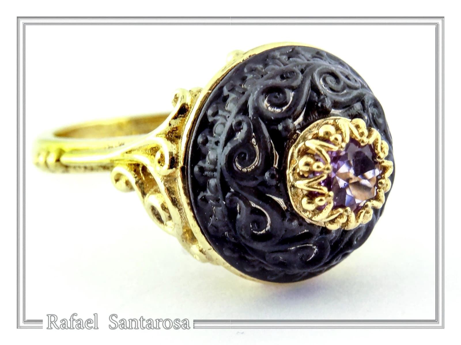 Natural Amethyst Black and Gold Byzantine Ring: 18K Gold Filled & Oxidized Sterling Silver — Rings from Rafael Santarosa Fine Jewelry