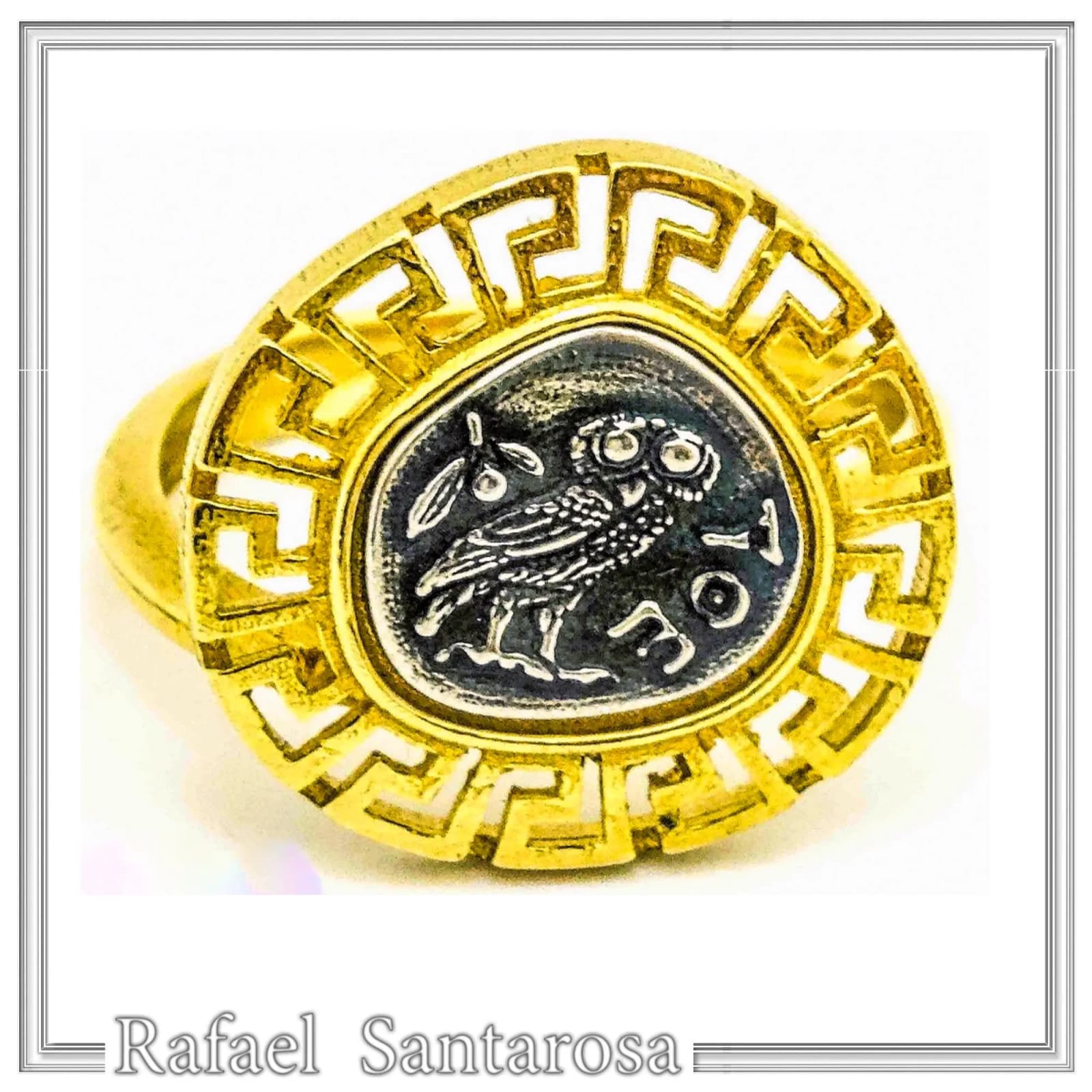 Owl of Athena Goddess Tetradrachm Greek Coin Greek Key Ring: 18K Gold Filled Silver — Rings from Rafael Santarosa Fine Jewelry