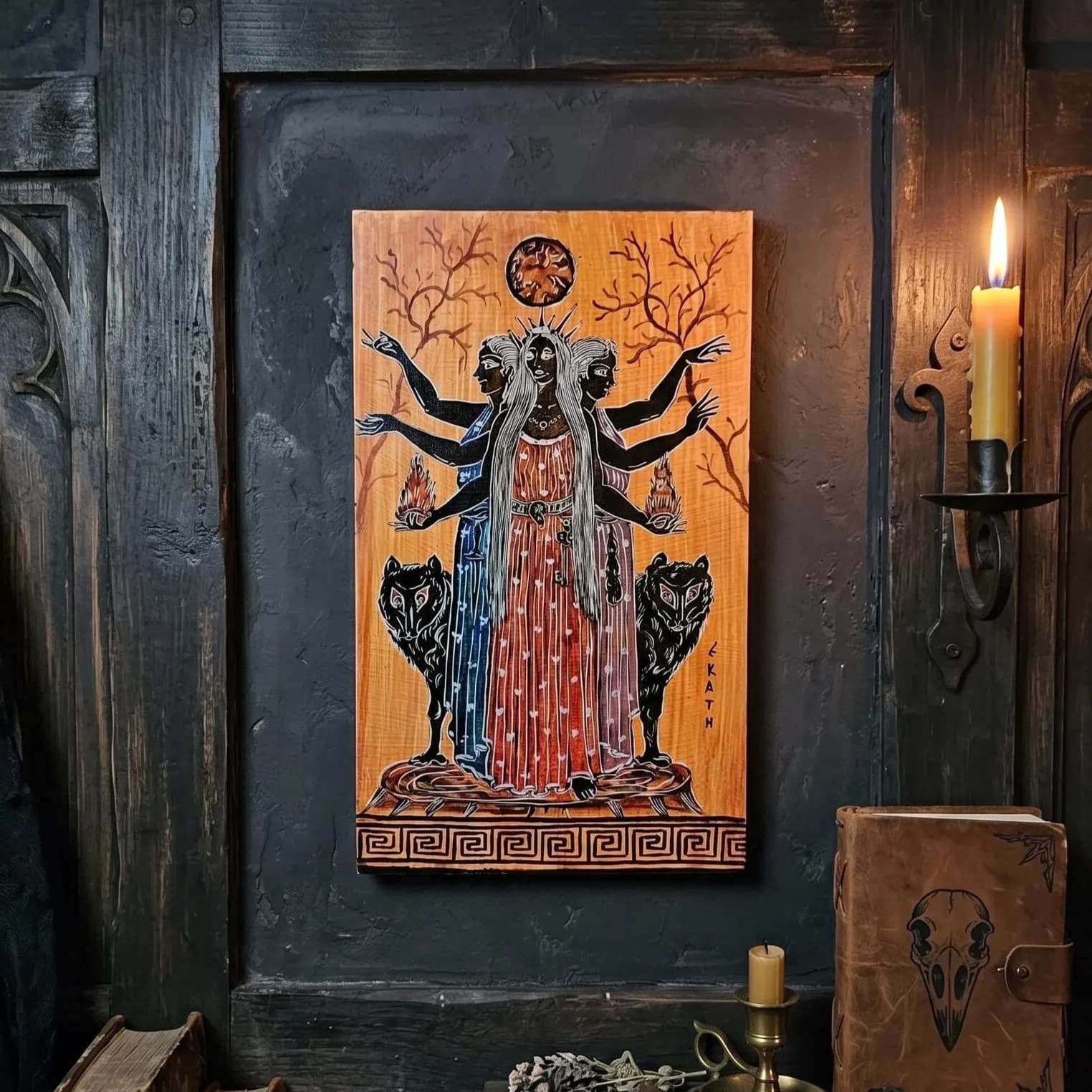 Hecate Goddess Painting on Wood Handmade Ancient Greek Mythology — Paintings from WoodMuse Art