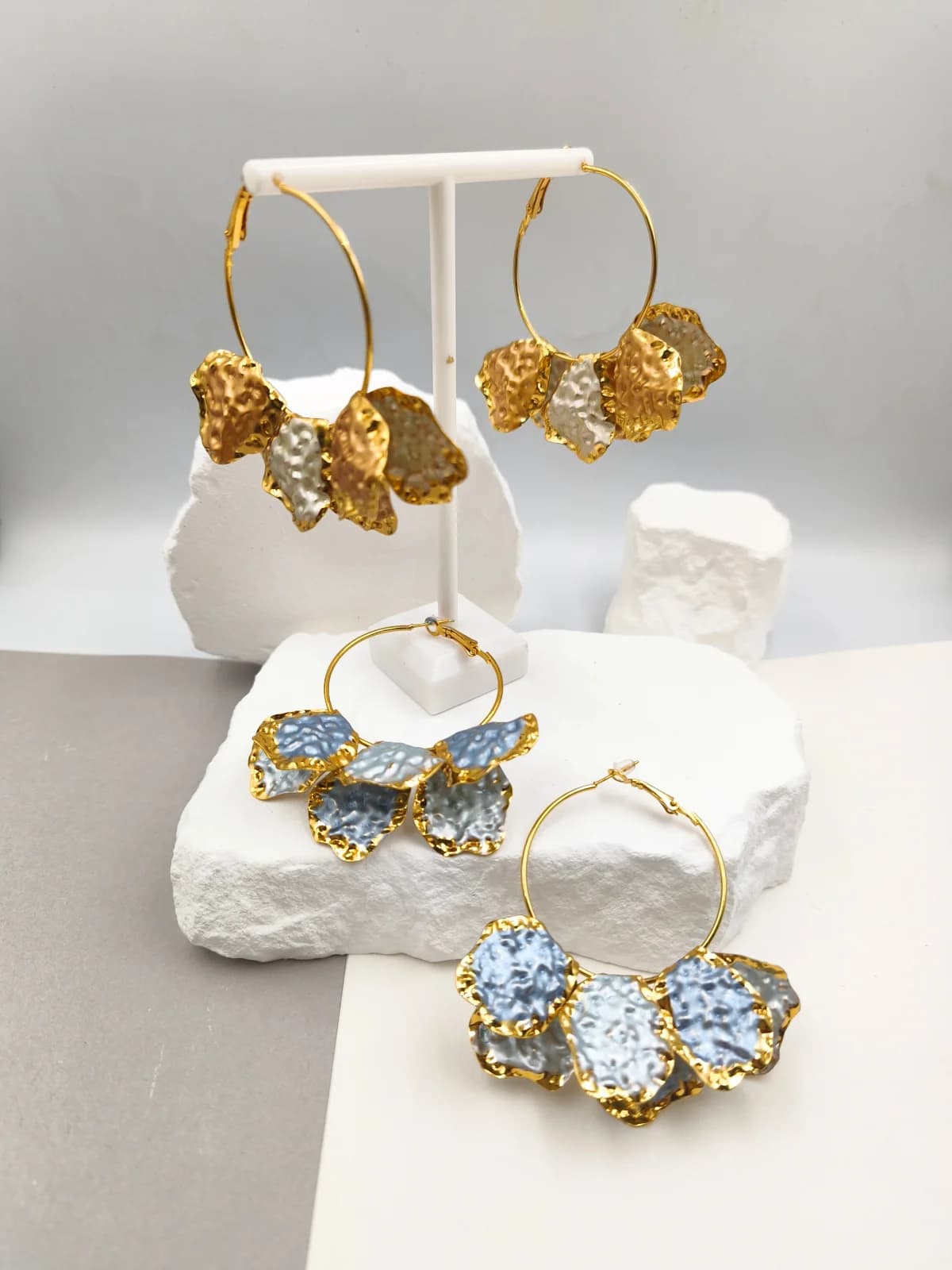 Stainless Steel Hoop Earrings with Embossed Leaf Design and Enamel by Magis Handmade Jewels