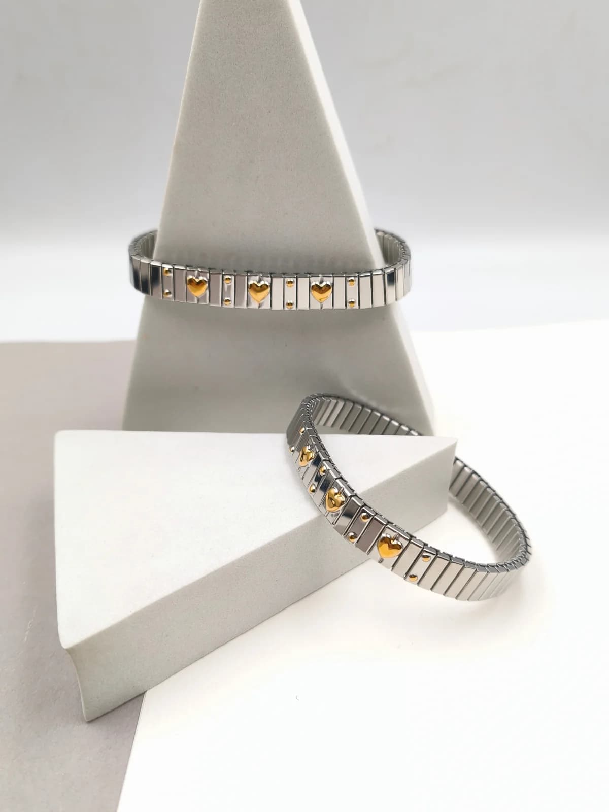 Stainless Steel Stretch Two-Tone Bracelet with Hearts by Magis Handmade Jewels