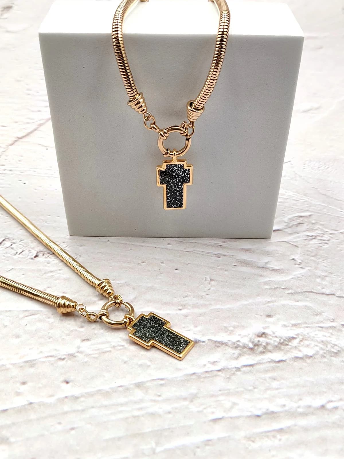 Stainless Steel Necklace with Gold-Plated Cross and Enamel by Magis Handmade Jewels