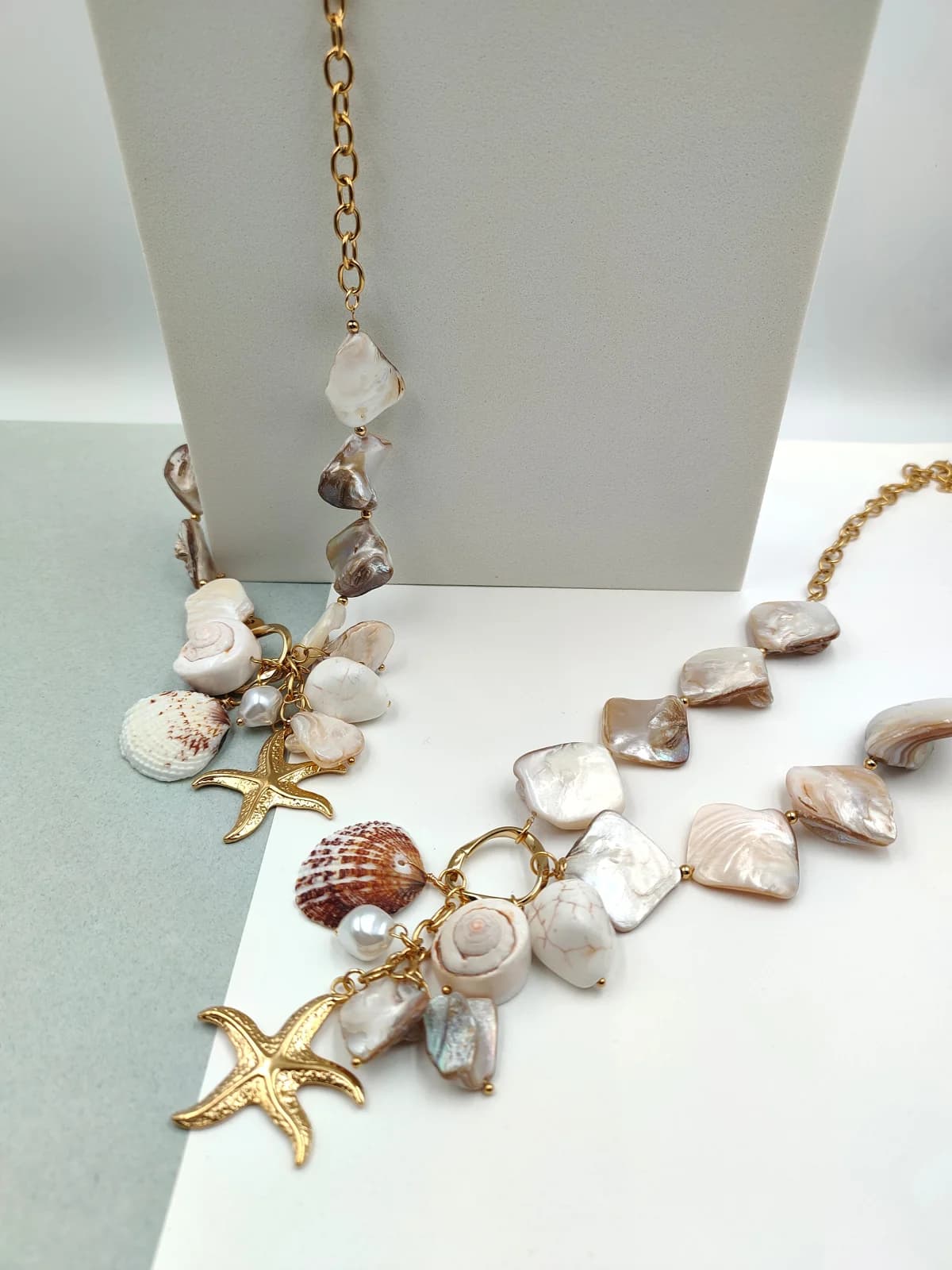 Stainless Steel Necklace with Mother-of-Pearl, Acrylic Pearls and Seashells by Magis Handmade Jewels