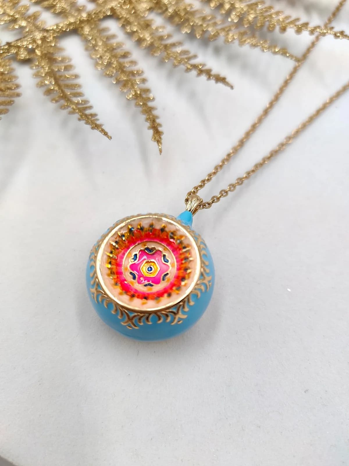 Stainless Steel Long Necklace with Ornate Enamel Pendant by Magis Handmade Jewels