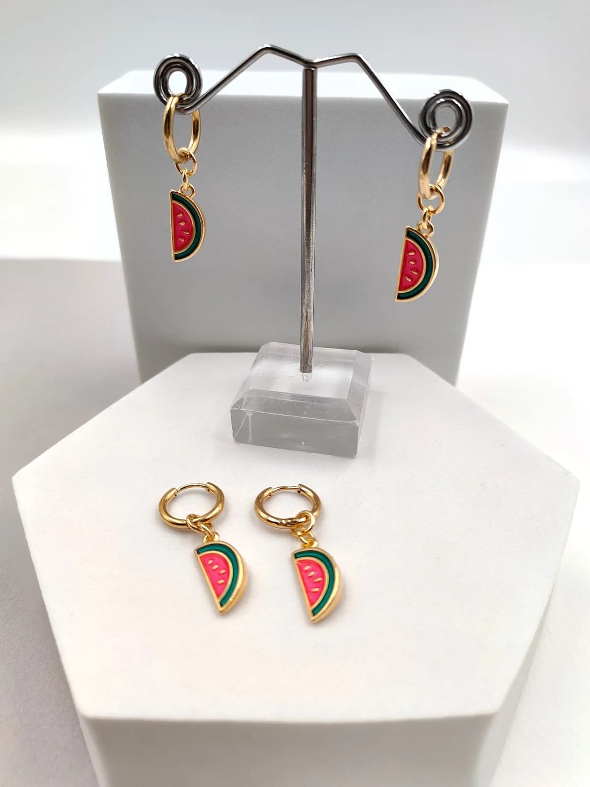 Stainless Steel Hoop Earrings with Watermelons and Enamel by Magis Handmade Jewels