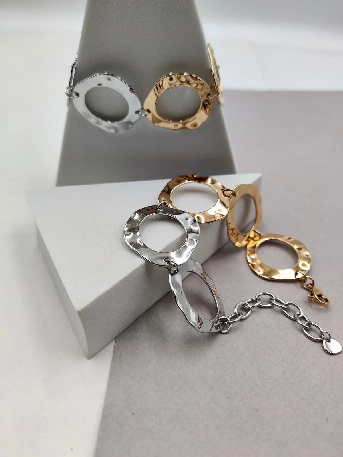 Stainless Steel Bracelet with Hammered Two-Tone Circles by Magis Handmade Jewels