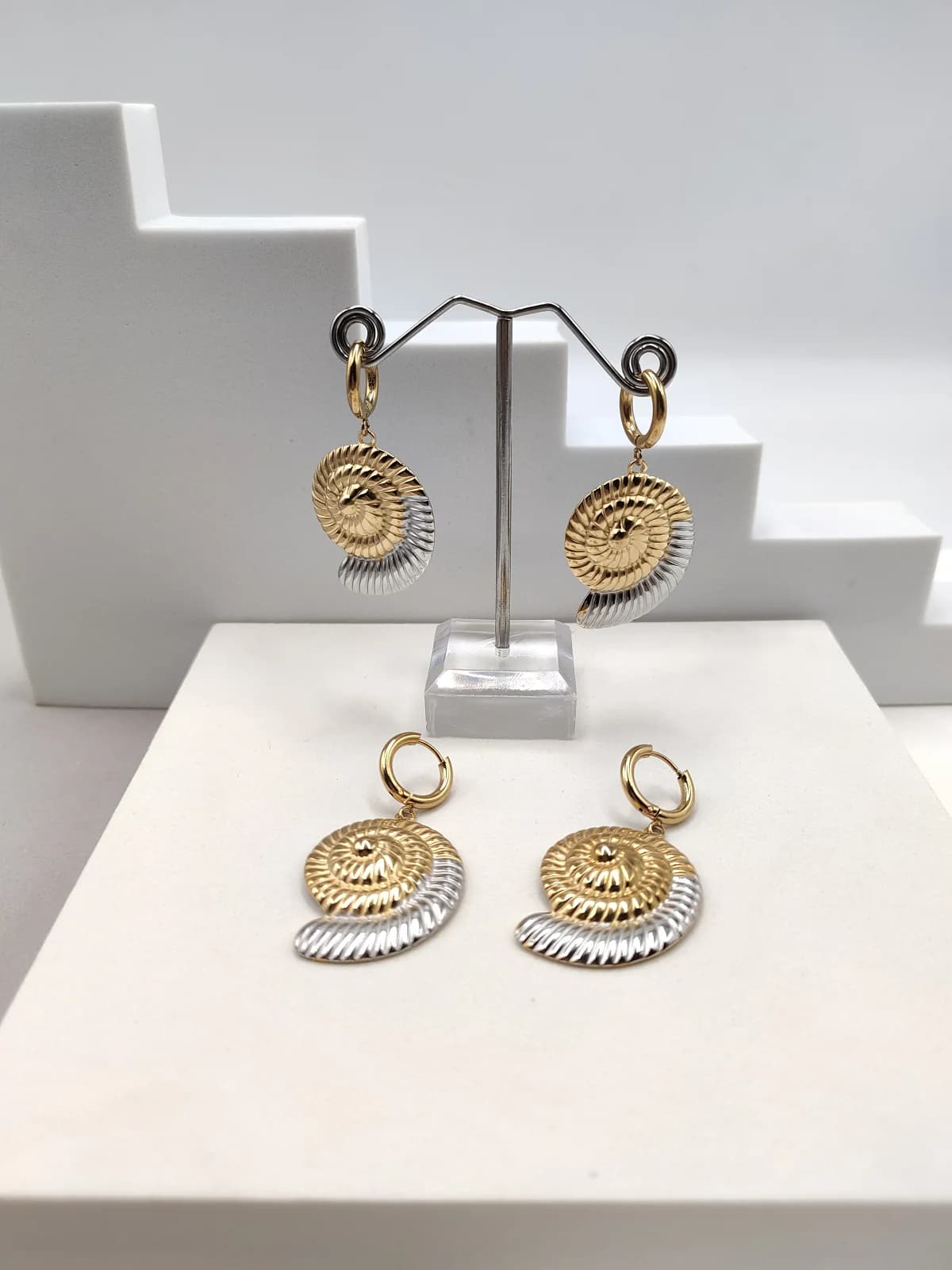 Stainless Steel Two-Tone Earrings with Seashells by Magis Handmade Jewels