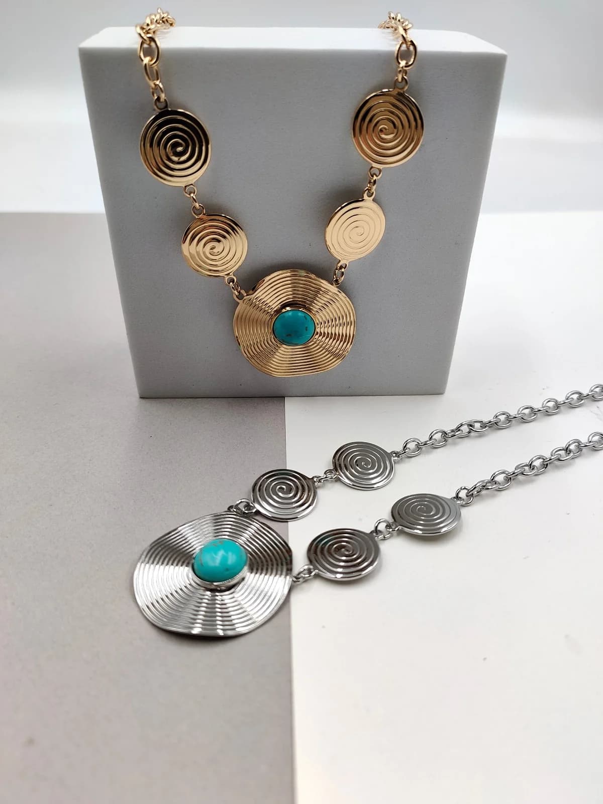 Stainless Steel Necklace with Embossed Circles and Howlite by Magis Handmade Jewels