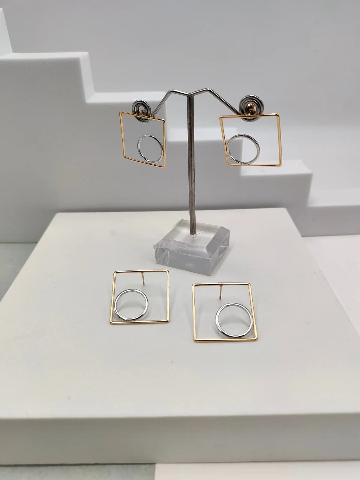 Stainless Steel Two-Tone Geometric Earrings by Magis Handmade Jewels