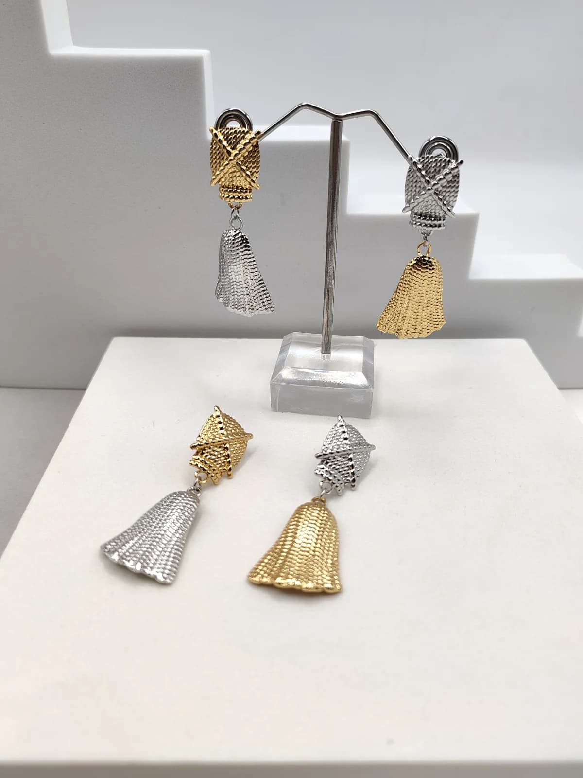 Stainless Steel Two-Tone Earrings with Embossed Woven Design by Magis Handmade Jewels