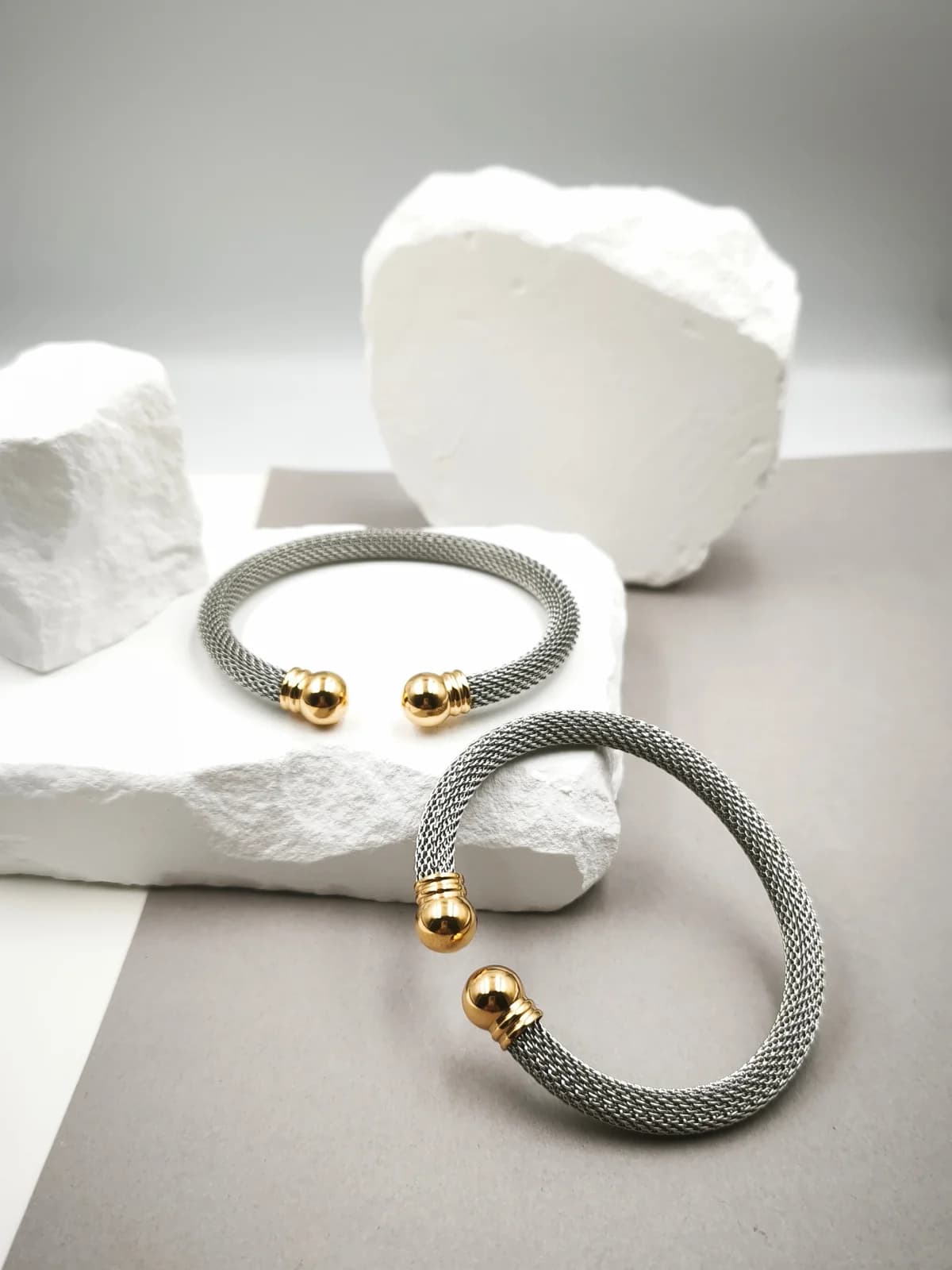 Stainless Steel Two-Tone Bracelet with Beads at the Ends by Magis Handmade Jewels