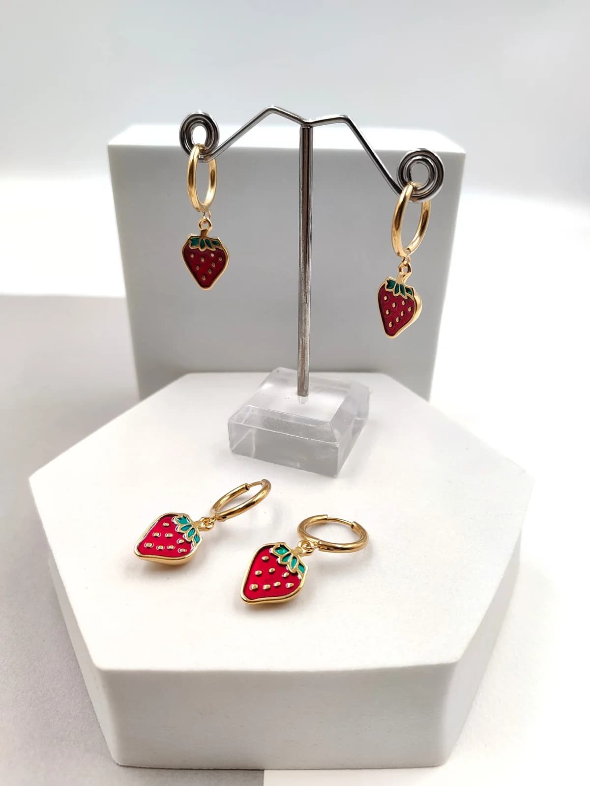 Stainless Steel Hoop Earrings with Strawberries and Enamel by Magis Handmade Jewels