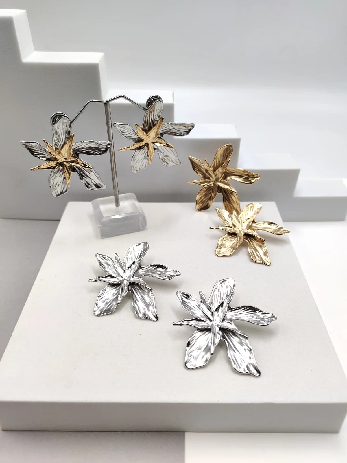 Stainless Steel Embossed Flower Earrings by Magis Handmade Jewels