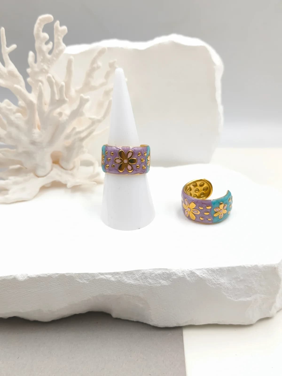 Stainless Steel Ring with Enamel and Flowers by Magis Handmade Jewels