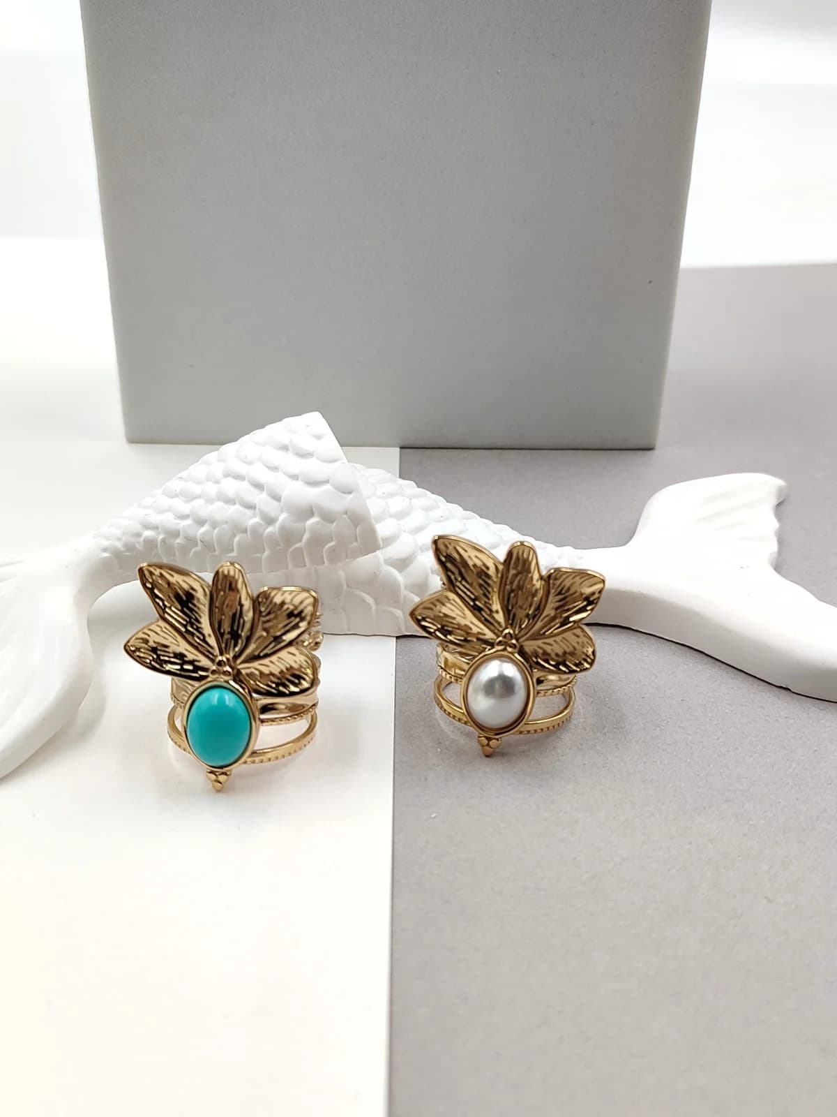 Stainless Steel Multi-Strand Ring with Leaves and Stone by Magis Handmade Jewels