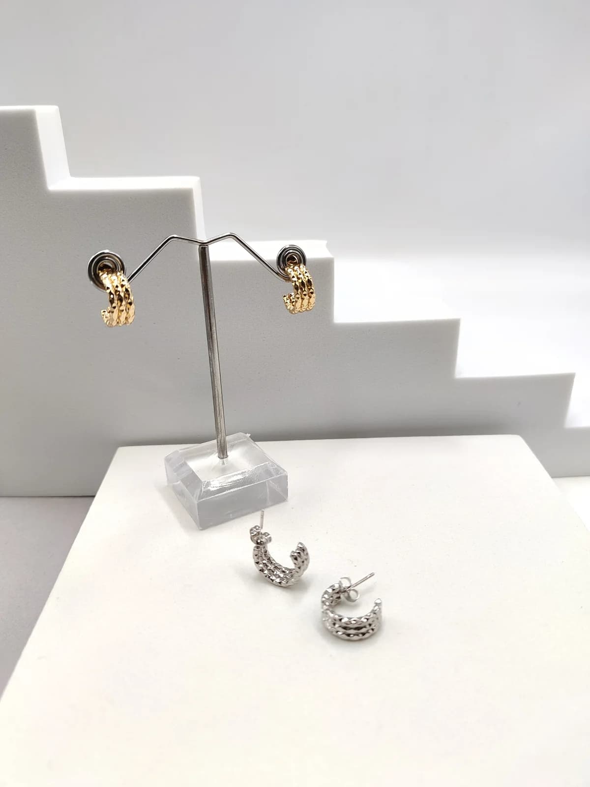 Stainless Steel Triple Embossed Hoop Earrings by Magis Handmade Jewels