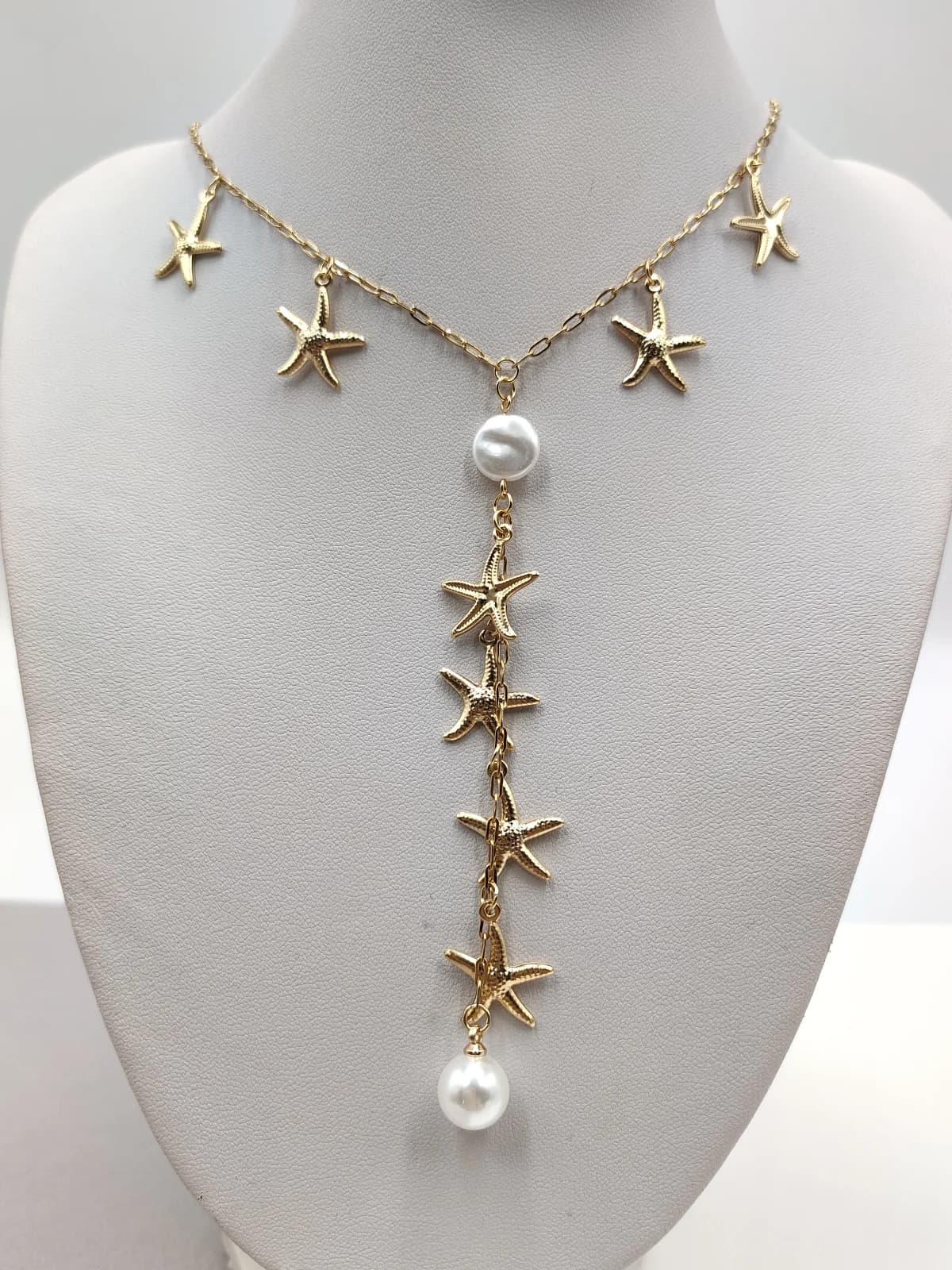 Stainless Steel Necklace with Starfish and Acrylic Pearls by Magis Handmade Jewels