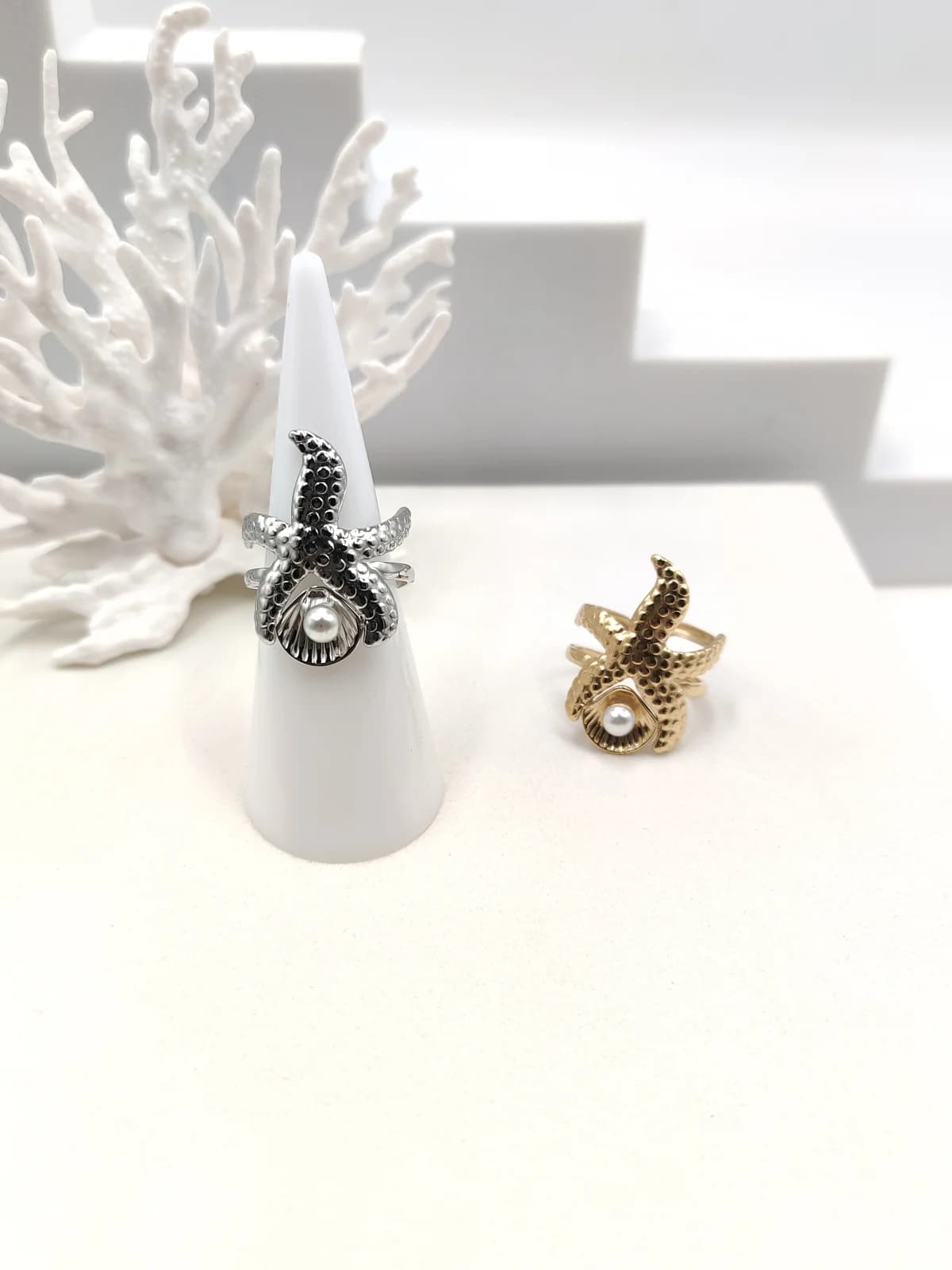 Stainless Steel Ring with Embossed Summer Motif and Pearl by Magis Handmade Jewels