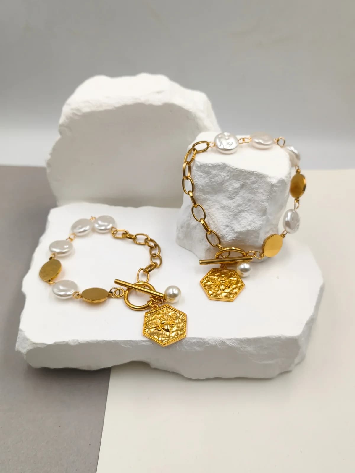 Stainless Steel Bracelet with Acrylic Pearls and Gold-Plated Details by Magis Handmade Jewels
