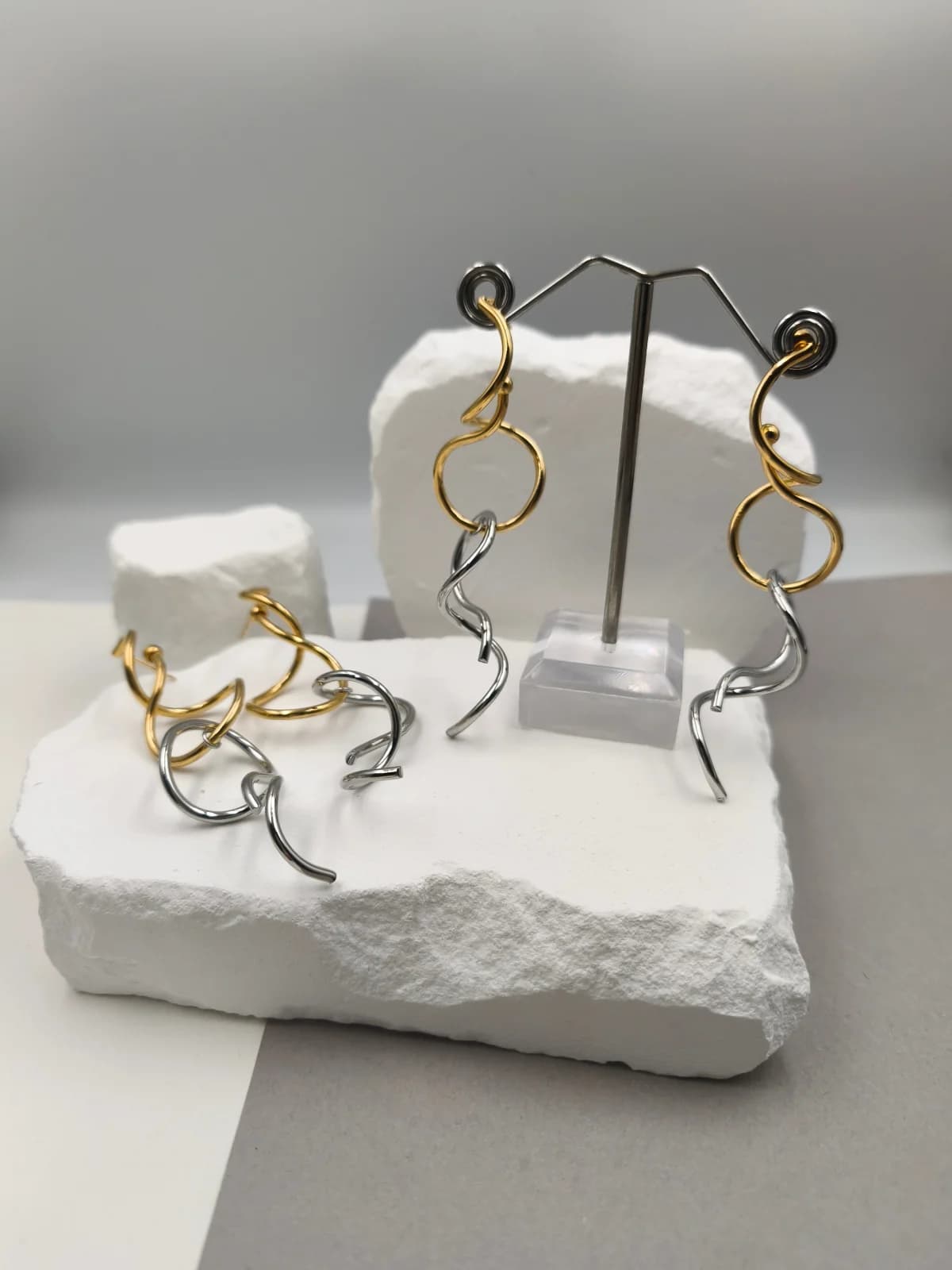Stainless Steel Long Two-Tone Earrings by Magis Handmade Jewels