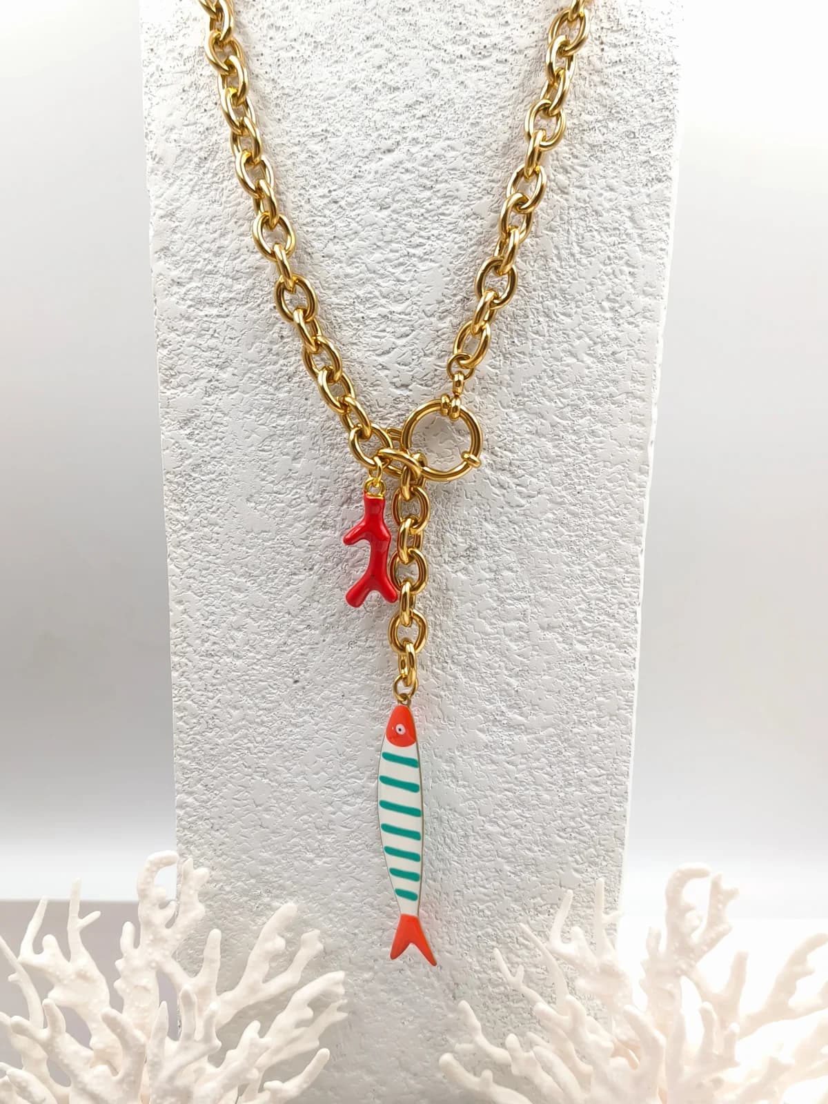 Stainless Steel Lariat Necklace with Drop Details and Enamel by Magis Handmade Jewels