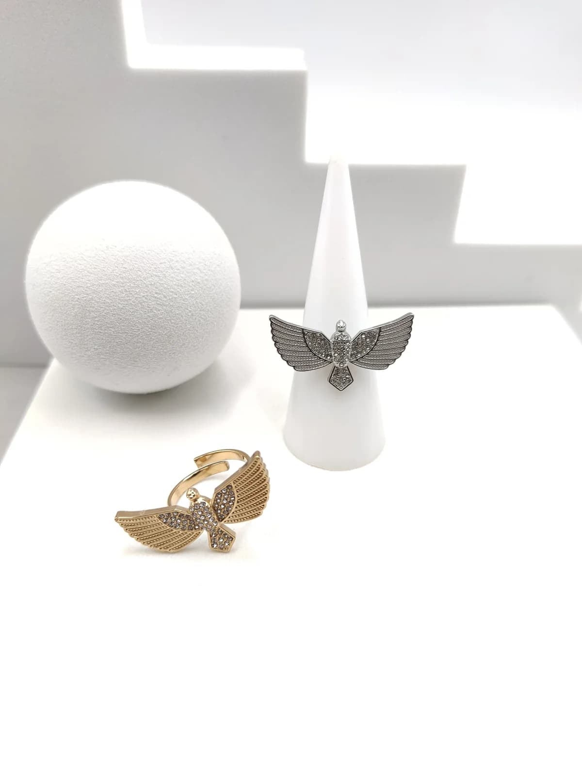 Stainless Steel Ring with Embossed Bird and Crystals by Magis Handmade Jewels