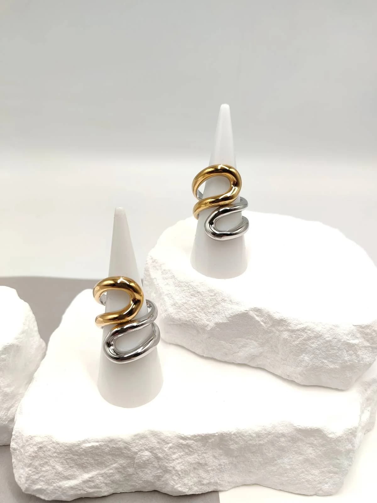 Stainless Steel Two-Tone Double Ring with Openings by Magis Handmade Jewels