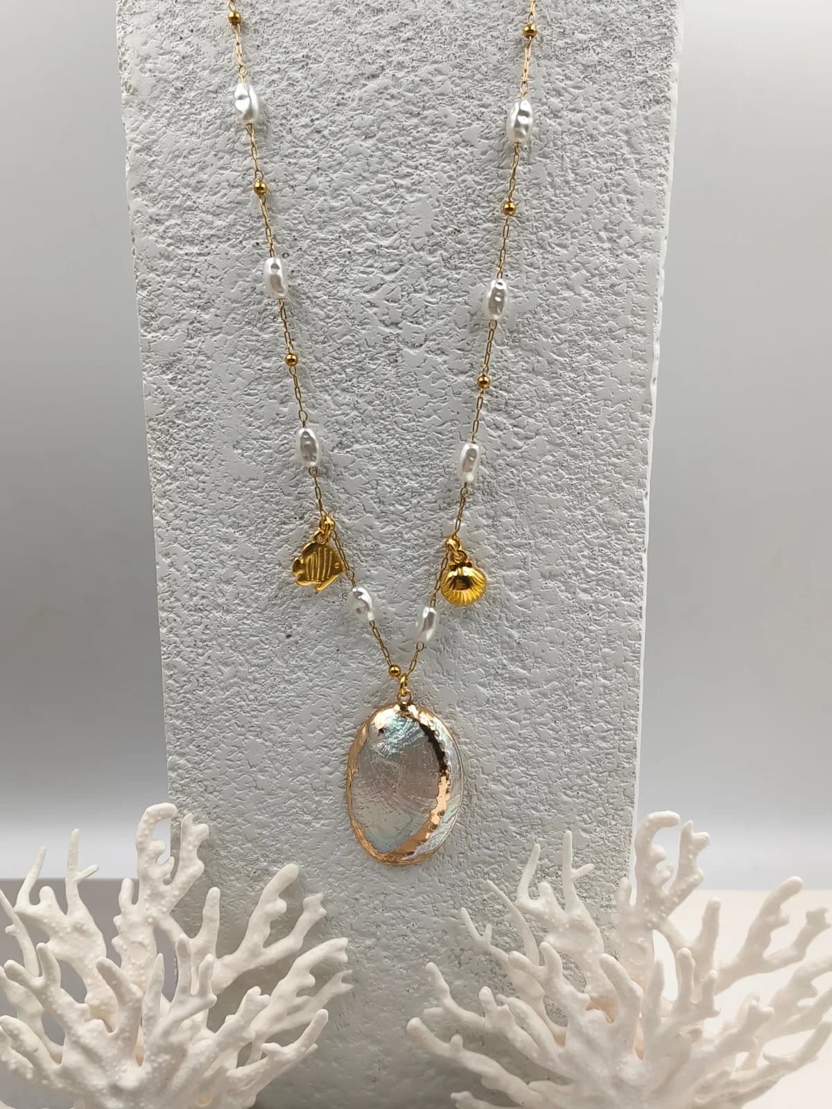 Stainless Steel Necklace with Acrylic Pearls and Seashell by Magis Handmade Jewels