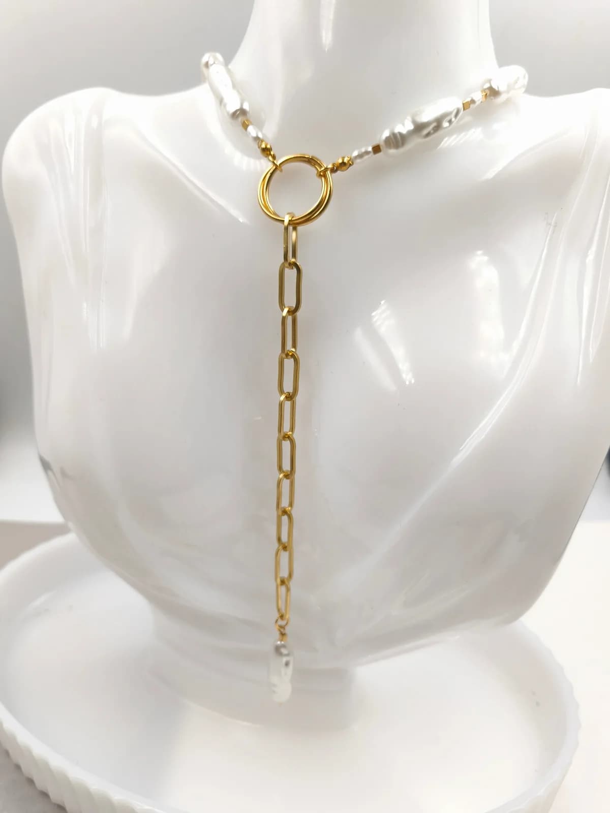 Stainless Steel Lariat Necklace with Acrylic Baroque Pearls by Magis Handmade Jewels
