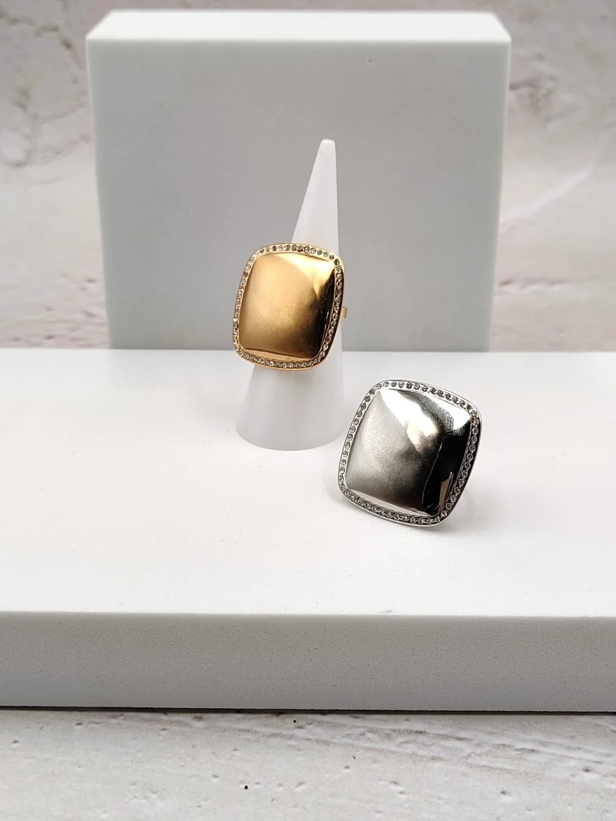 Stainless Steel Square Ring with Rhinestones by Magis Handmade Jewels