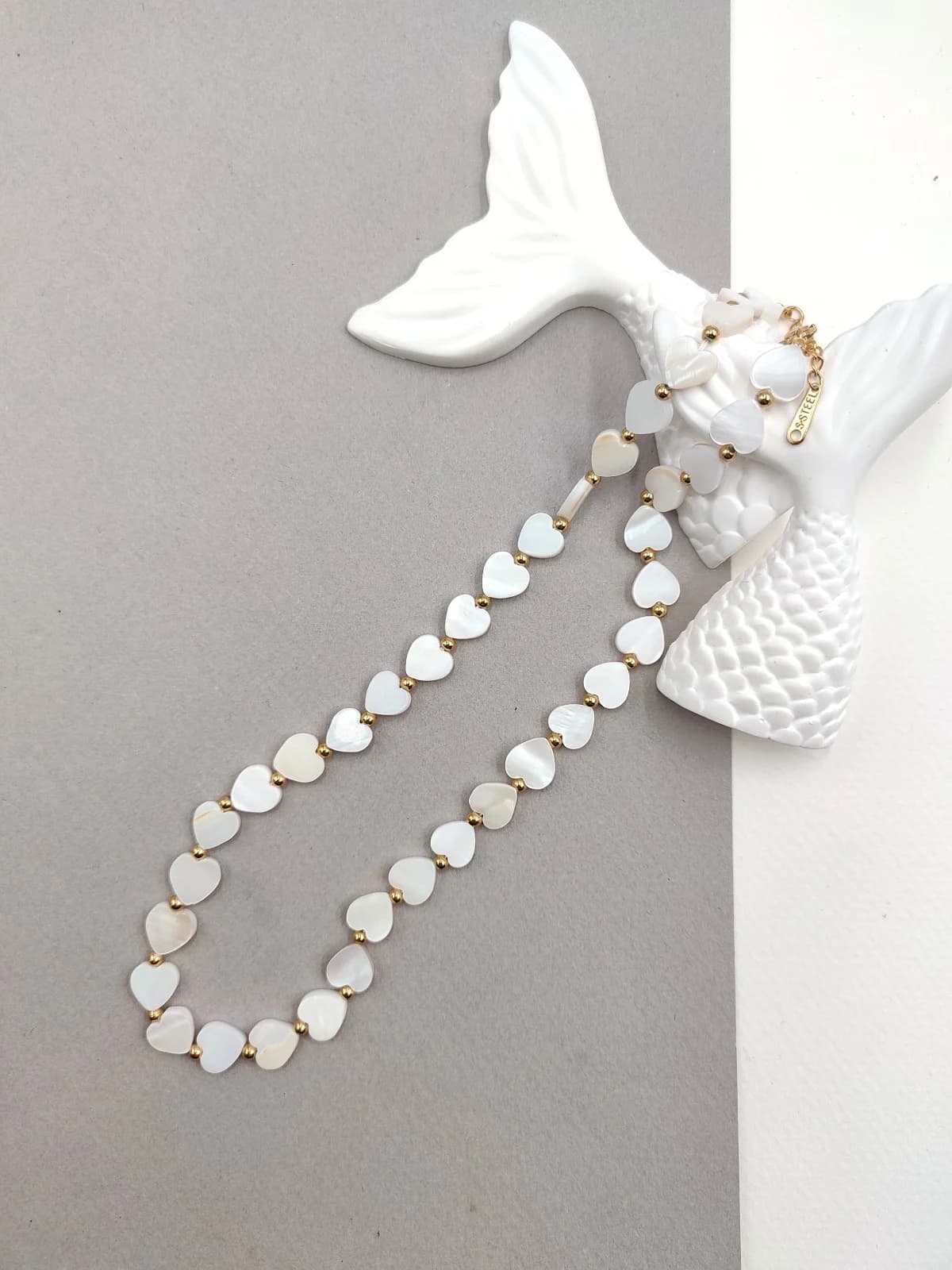 Stainless Steel Necklace with Mother-of-Pearl Hearts by Magis Handmade Jewels