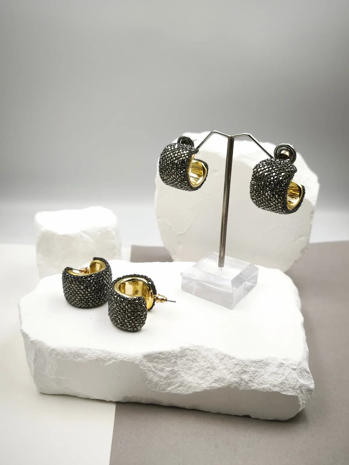 Gold-Plated Hoop Earrings with Marcasite and Rhinestones by Magis Handmade Jewels