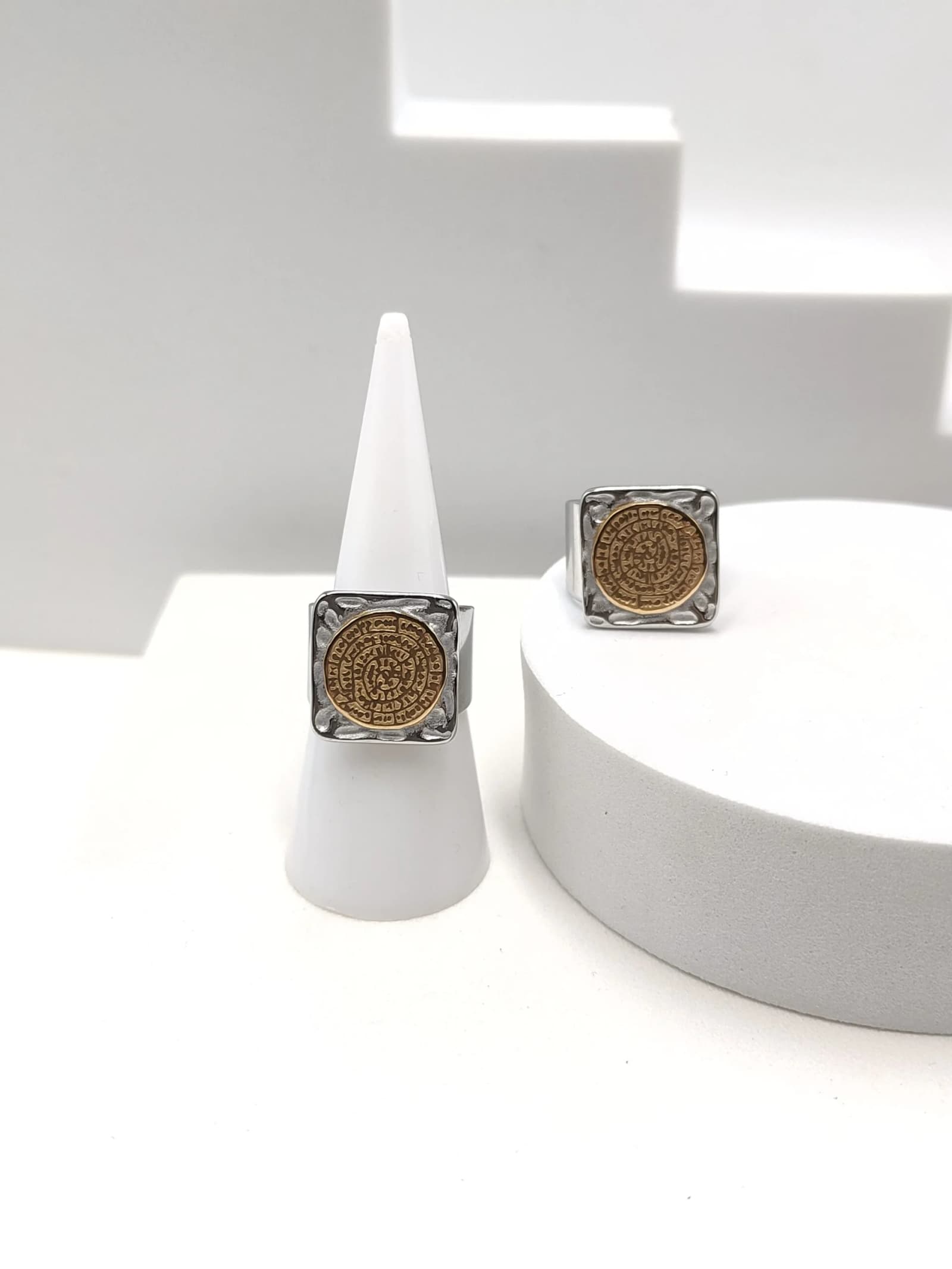 Stainless Steel Two-Tone Ring with Phaistos Disc by Magis Handmade Jewels