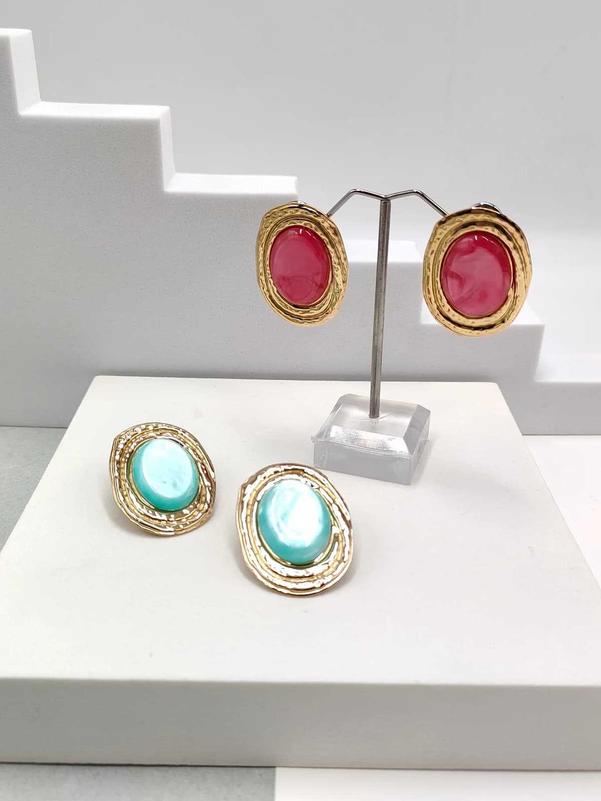 Stainless Steel Embossed Oval Earrings with Resin by Magis Handmade Jewels