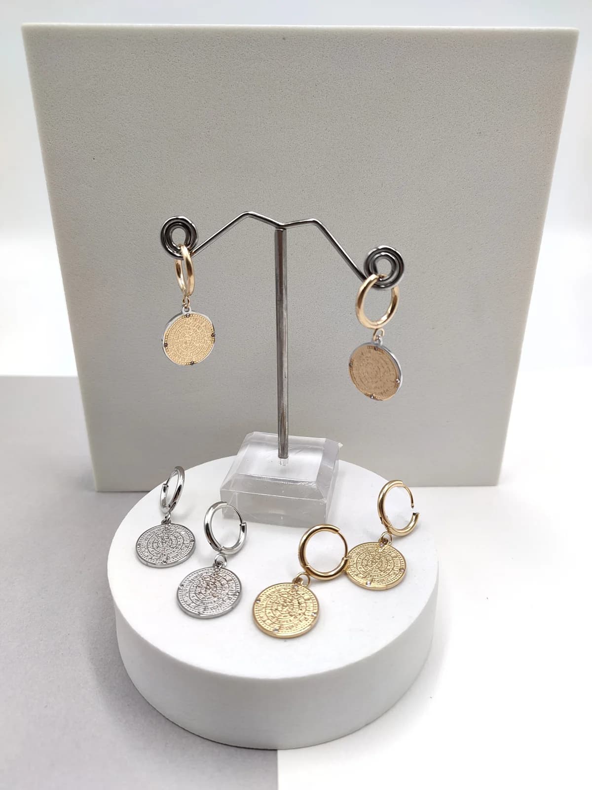 Stainless Steel Earrings with Embossed Phaistos Disc by Magis Handmade Jewels