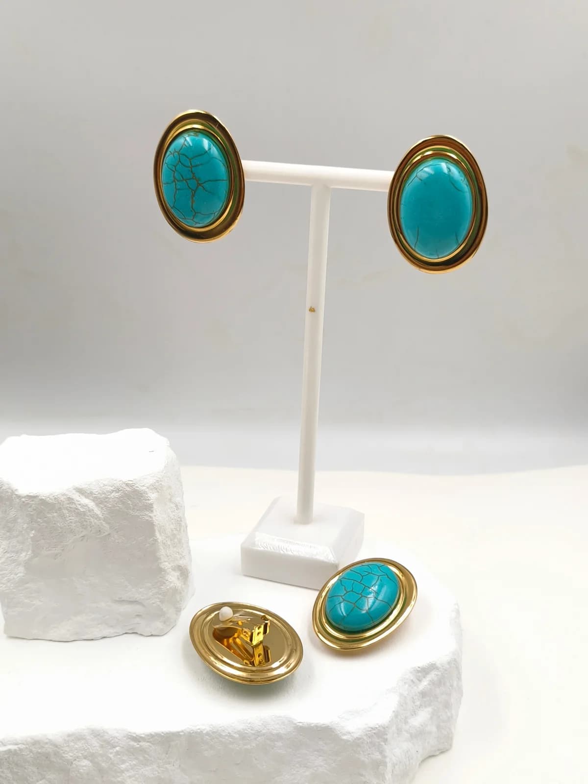 Stainless Steel Oval Earrings with Howlite and Clip-On by Magis Handmade Jewels