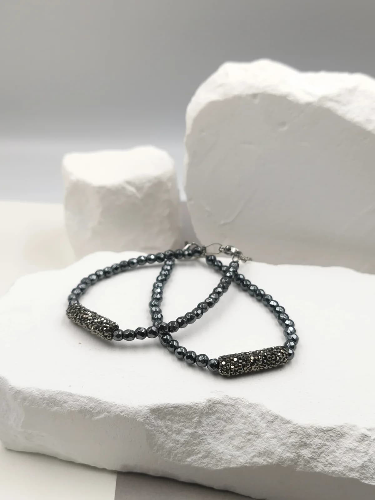 Bracelet with Hematite Beads and Bar with Marcasite by Magis Handmade Jewels