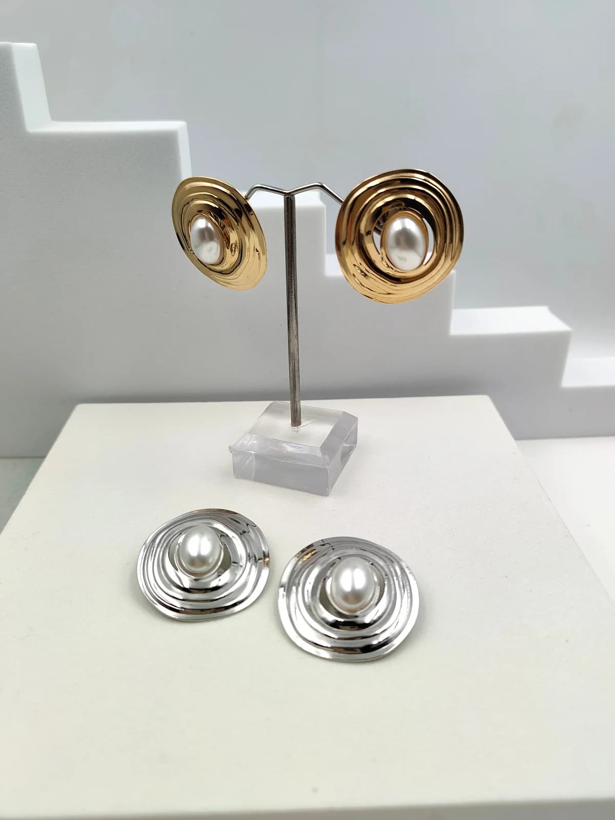 Stainless Steel Round Earrings with Pearls and Clip-On by Magis Handmade Jewels