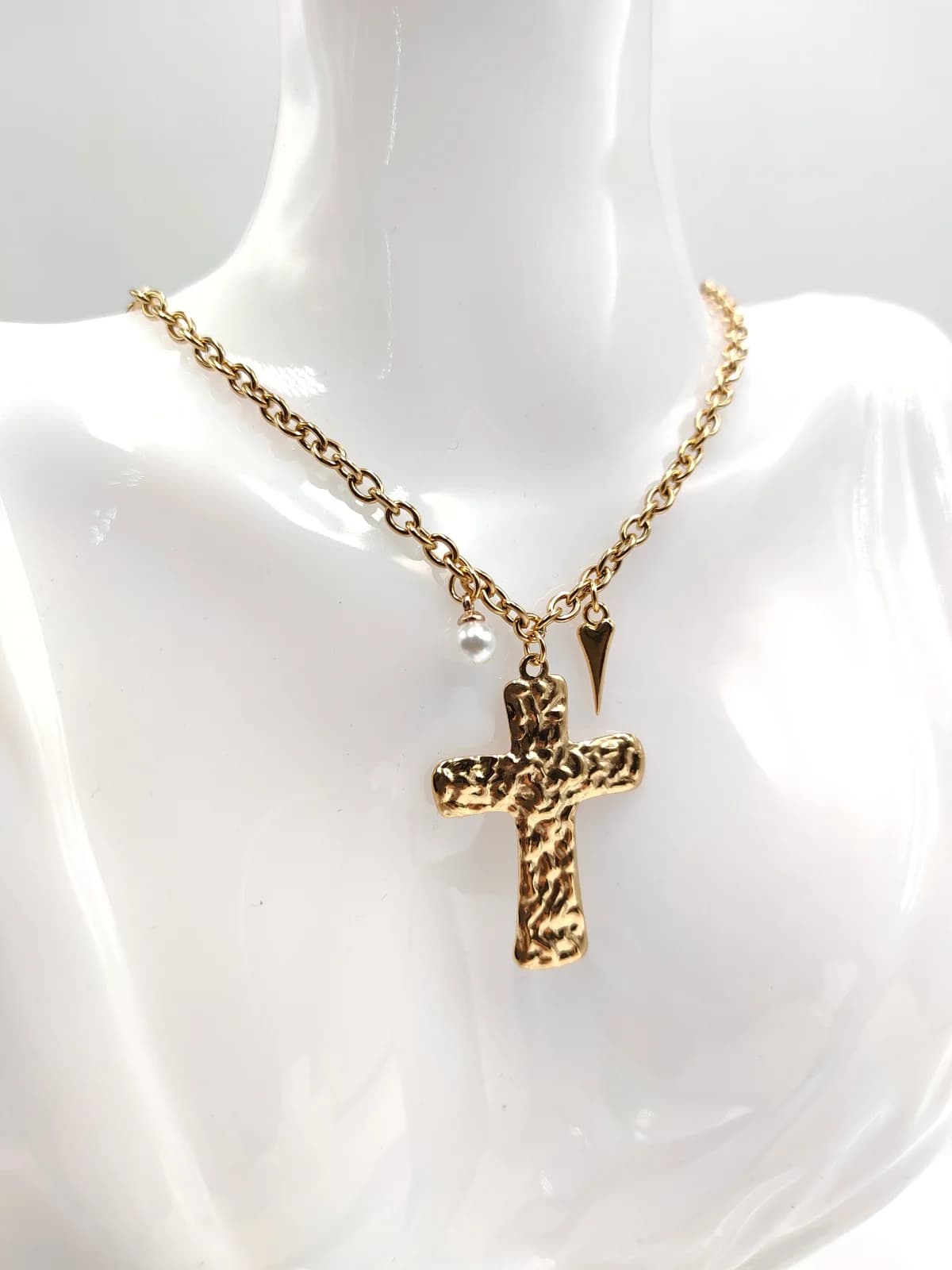 Stainless Steel Necklace with Hammered Cross and Pearl by Magis Handmade Jewels