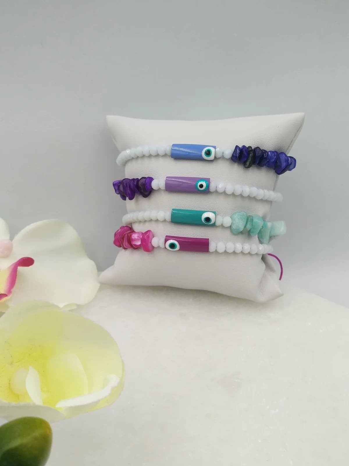 Bracelet with Beads and Enamel Evil-Eye Bar by Magis Handmade Jewels