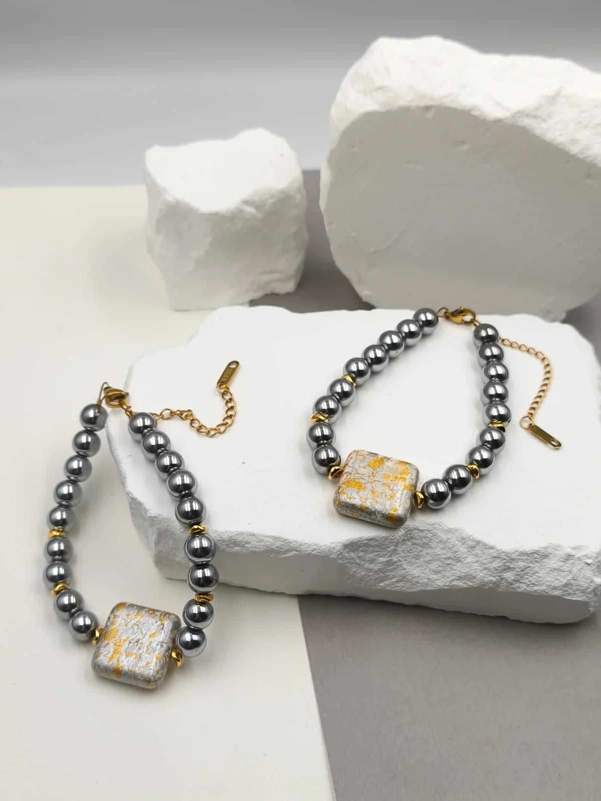 Bracelet with Hematite Beads and Howlite with Ornate Design by Magis Handmade Jewels