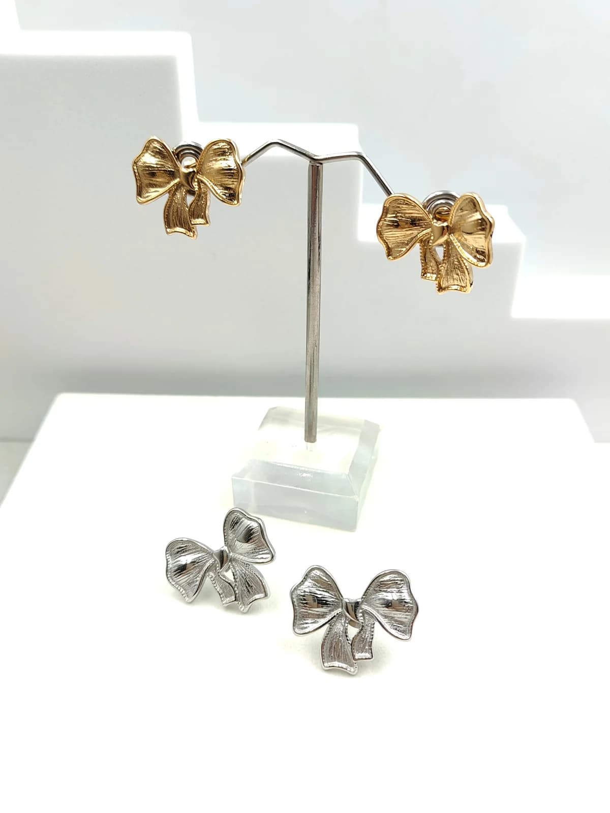 Stainless Steel Embossed Bow Earrings by Magis Handmade Jewels