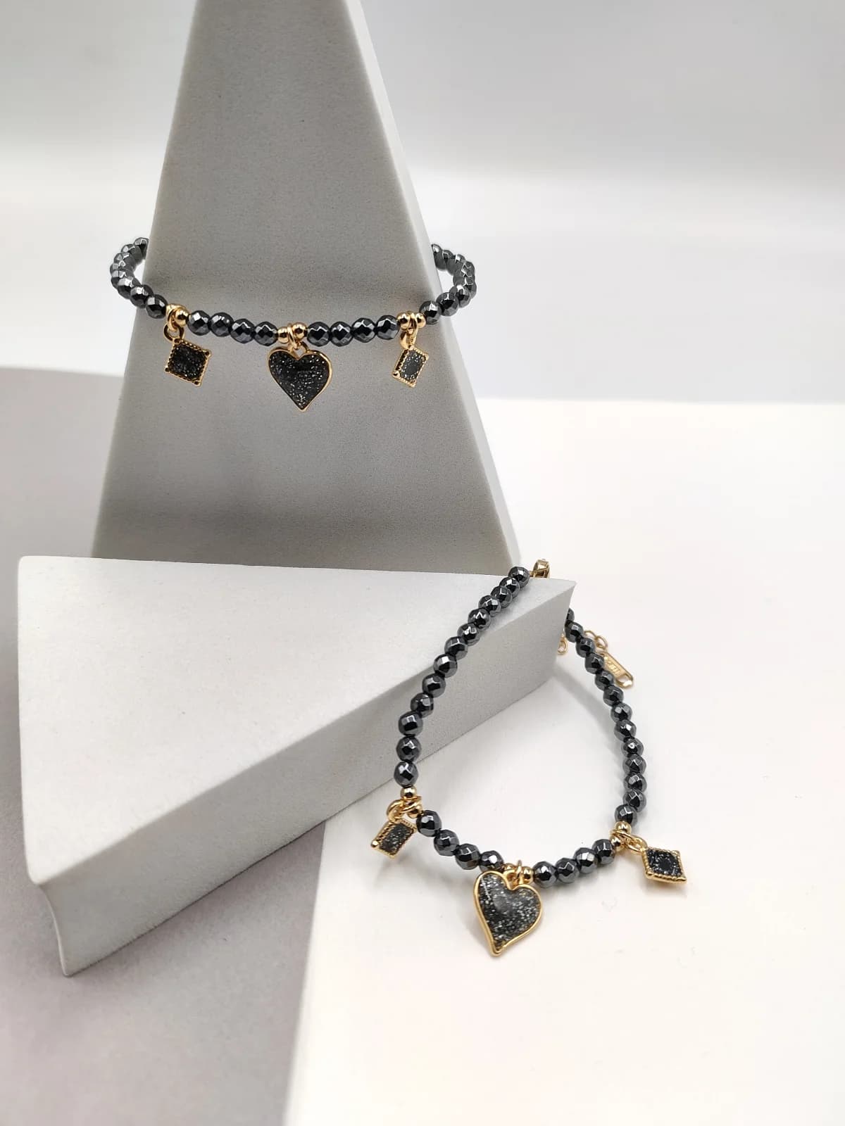 Bracelet with Hematite Beads and Gold-Plated Enamel Details by Magis Handmade Jewels