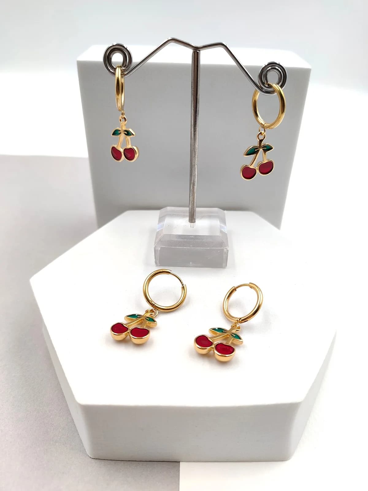 Stainless Steel Hoop Earrings with Cherries and Enamel by Magis Handmade Jewels