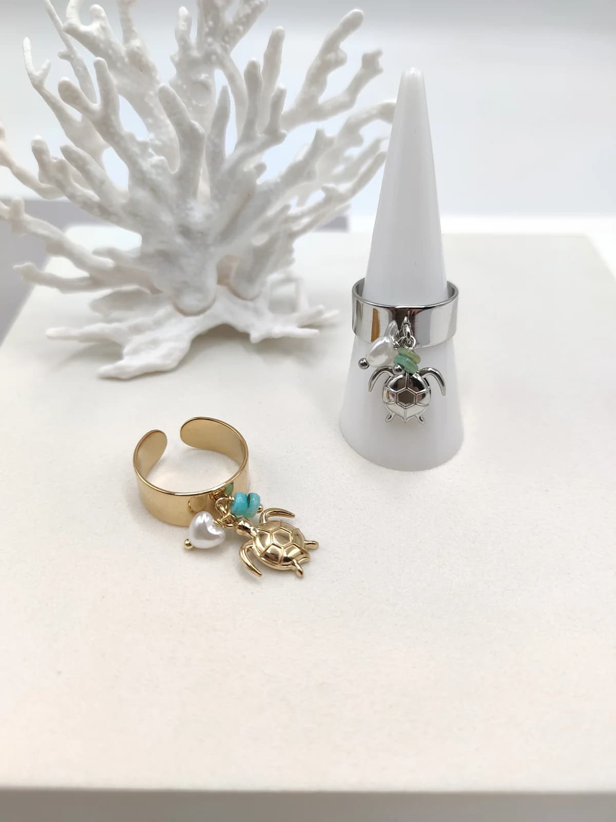 Stainless Steel Ring with Turtle Drop and Acrylic Heart by Magis Handmade Jewels