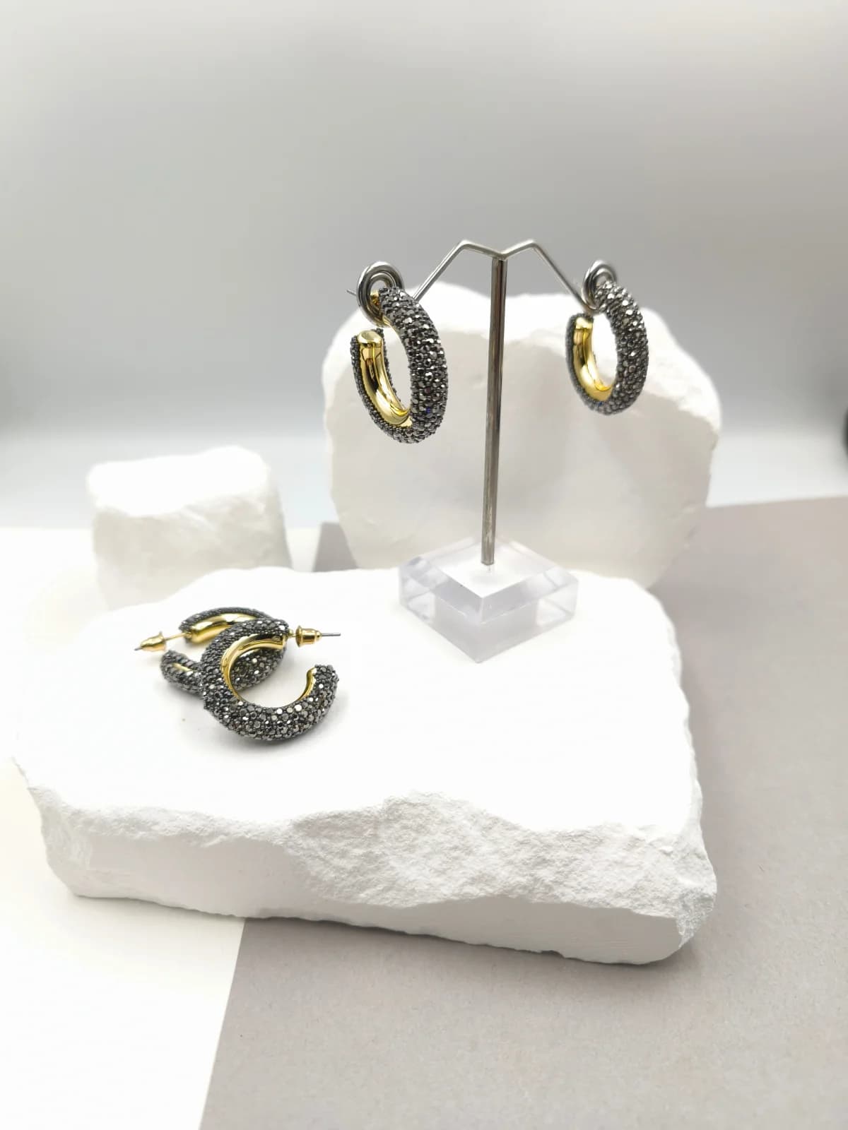 Gold-Plated Hoop Earrings with Marcasite and Rhinestones by Magis Handmade Jewels