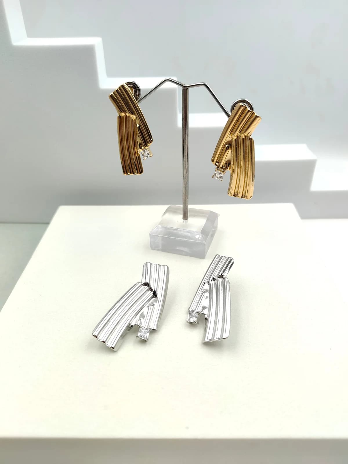 Stainless Steel Earrings with Embossed Surface and Crystal by Magis Handmade Jewels